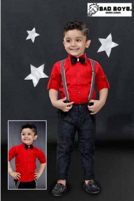 Red, Black Cotton Bad Boys Tuxedo Shirt And Trouser Set