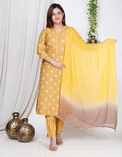 Ladies Yellow Cotton Printed Suit