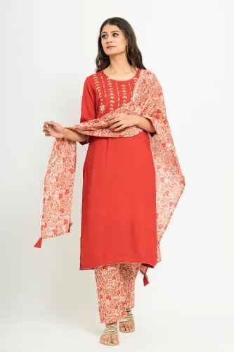 Party Wear Straight Ladies Embroidered Rayon Slub Kurti