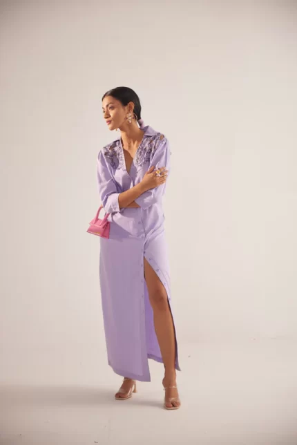Purple Event Wear Long Dress With Yolk Embroidery And Side Slit