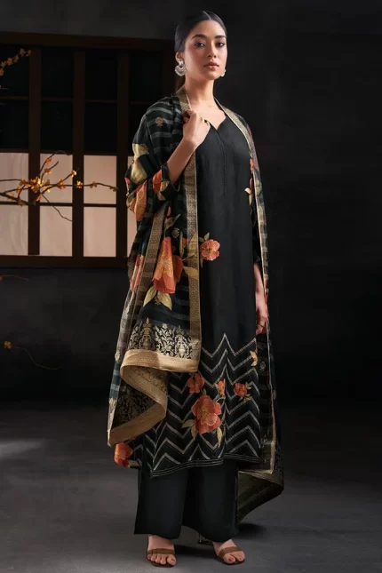 Black Bemberg Silk Embroidered Top With Viscose Silk Jacquard Dupatta