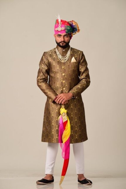 Royal Rajputana traditional Elegance: Golden Sherwani Ensemble