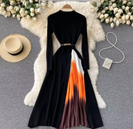 Elegant Knitted Dress Stitching Gradient Color Pleated Waist controlled Women's Dress