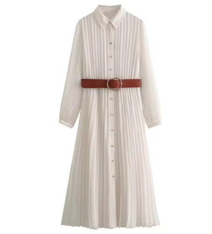 Midi Pleated Dress Retro Lapel Long Sleeve Elegant Women's Dress