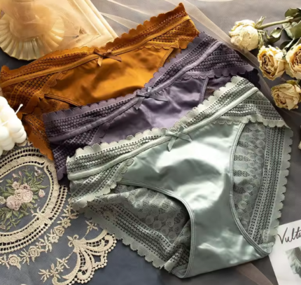 Satin Lace Panties Feminine Mid-Waist Pure Cotton Translucent Ladies Underwear Women's