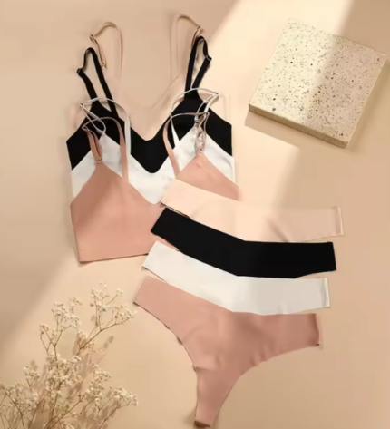 Women's V-Neck Gathered Big Chest Showing Small Ice Silk Seamless Sports Bra & Brief Set