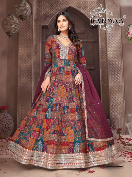 Wine Multicolor Digital Print, Thread work Floor Length Anarkali Suit