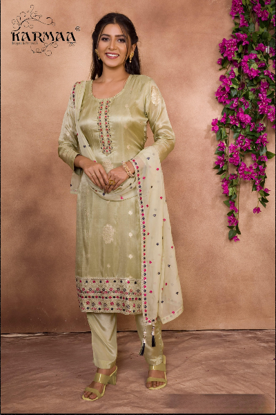 Chanderi Hand Embroidered Unstitched Suit Set