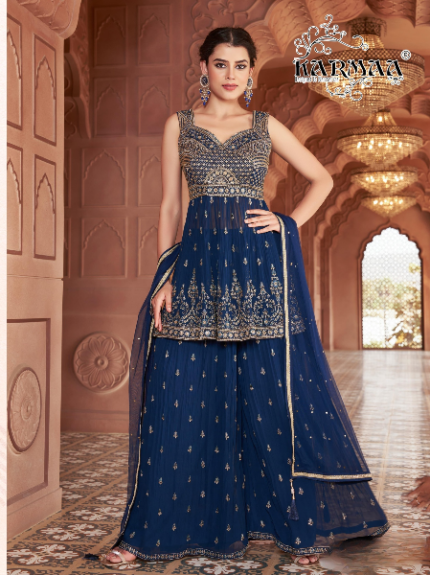 Peacock Blue Color Party Wear Indo Western Plazo Suit With Dupatta
