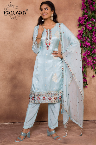 Dusty Blue Resham Embroidered Satin Organza Straight Cut Suit